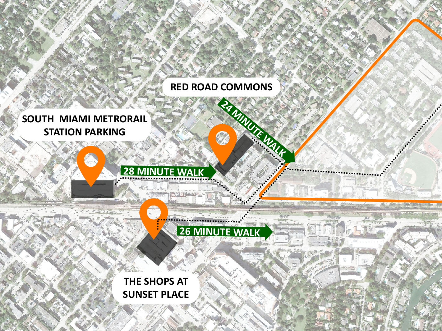 A detail of a map showing walking times from parking lots