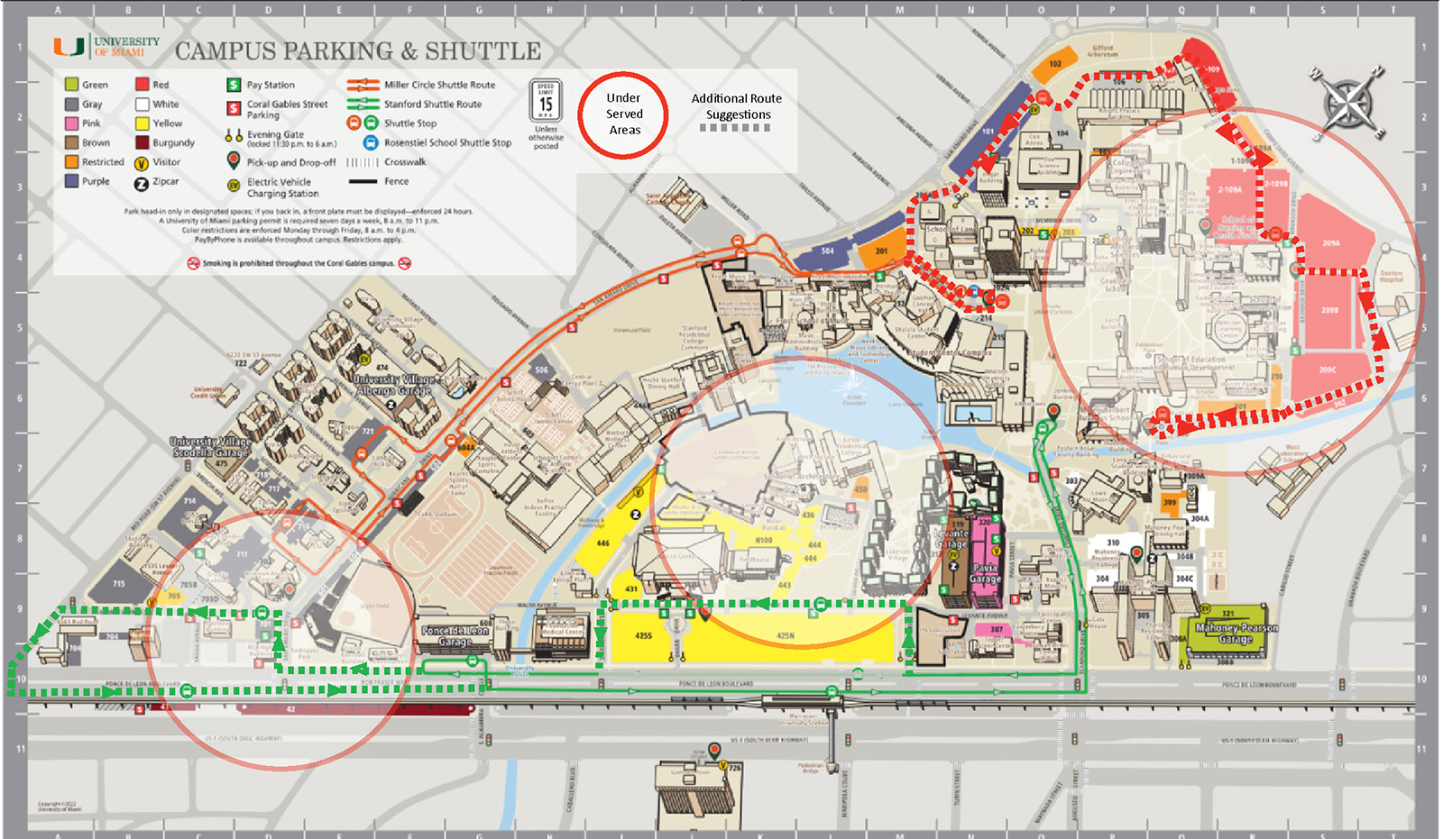 A map of existing campus shuttles with suggestions for new routes